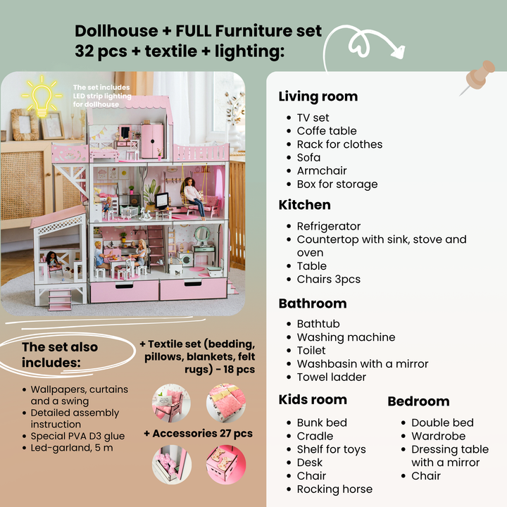 Wooden dollhouse Lux with organizer, balcony and terrace scale 1:6 NestWood pink