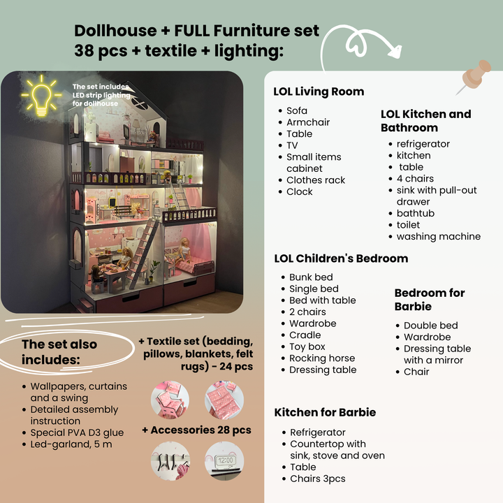 Wooden dollhouse Mansion scale 1:6 NestWood pink