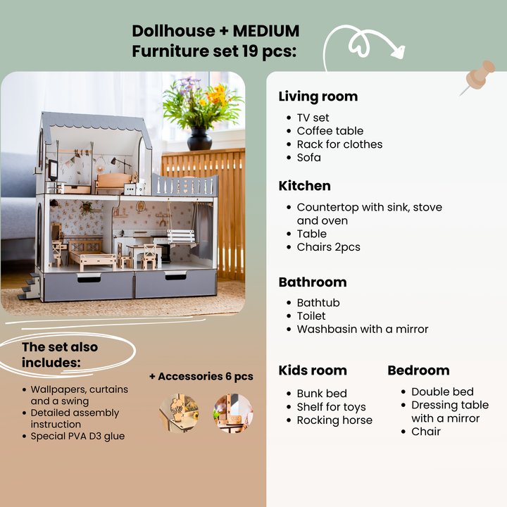 Puppenhaus Dream aus Holz mit Organizer im Maßstab 1:6 NestWood Eco