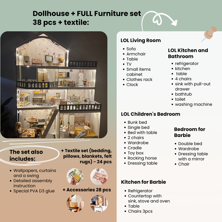 Dollhouse with furniture set and text detailing included items.