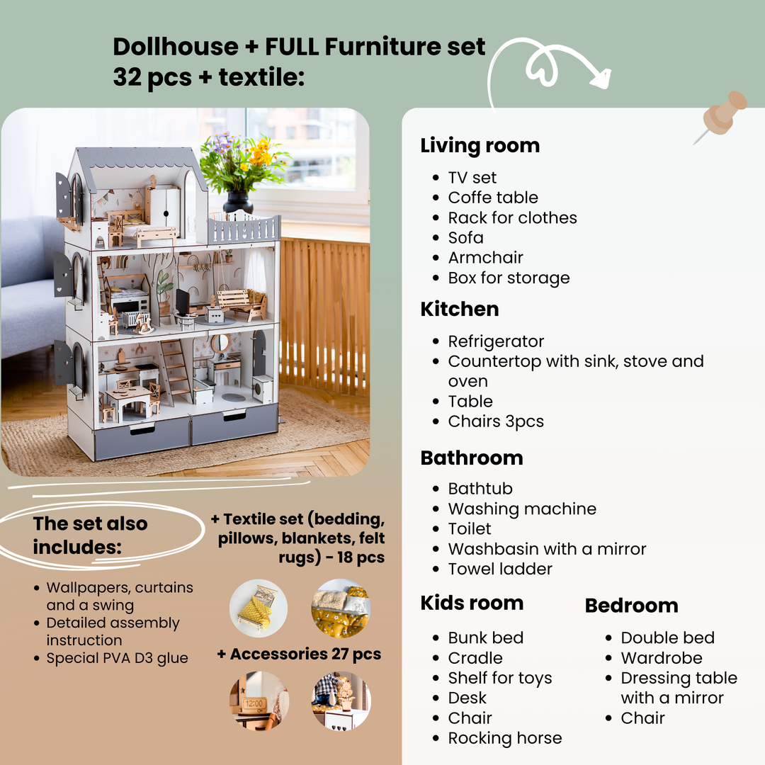 Dollhouse with furniture set and living room layout on a green background