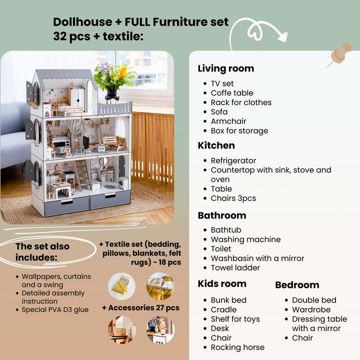 Dollhouse with furniture set and living room layout on a green background