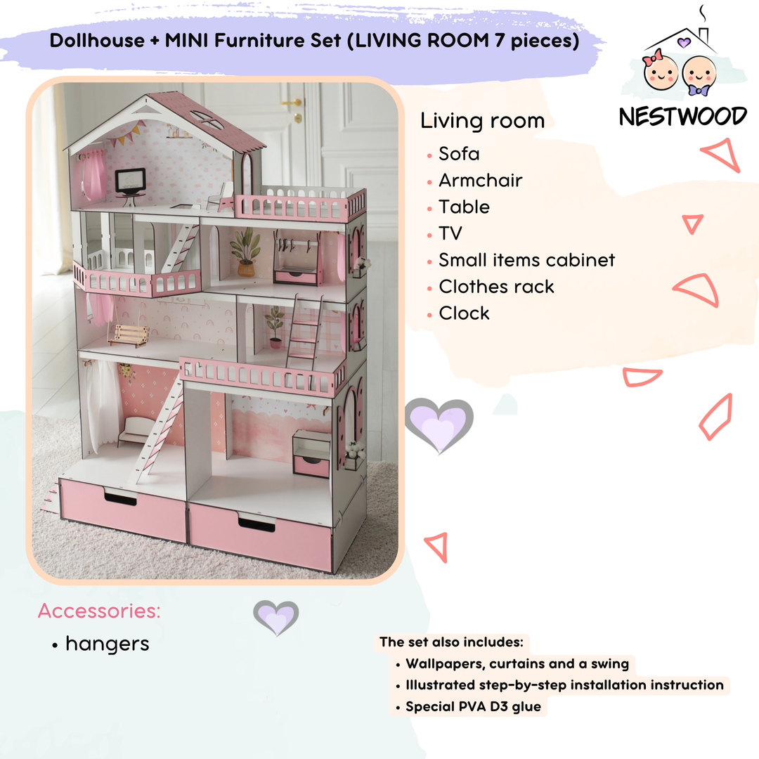 Wooden dollhouse Mansion scale 1:6 NestWood pink