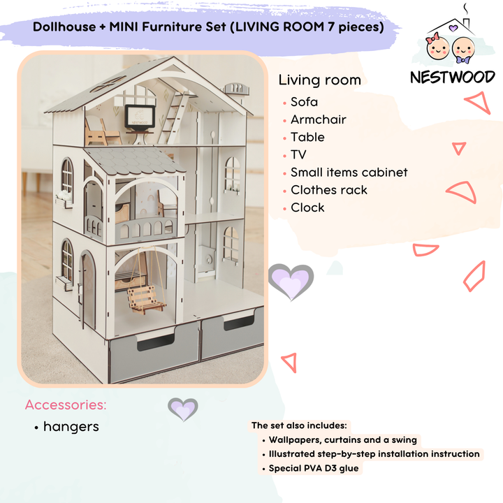 Wooden dollhouse Smart House with organizer and elevator scale 1:12 NestWood Eco