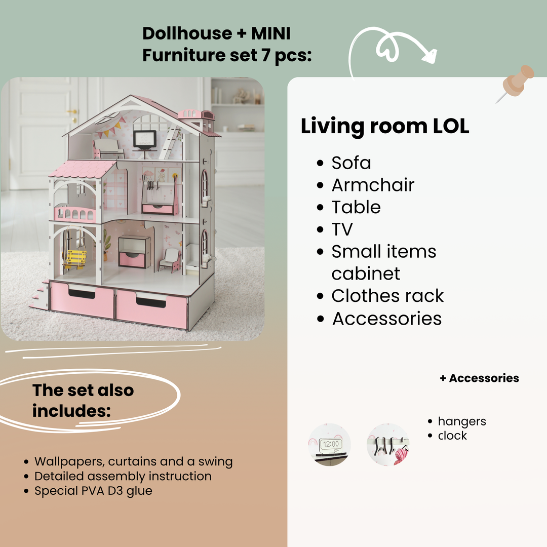 Wooden dollhouse Smart House with organizer and elevator scale 1:12 NestWood Pink