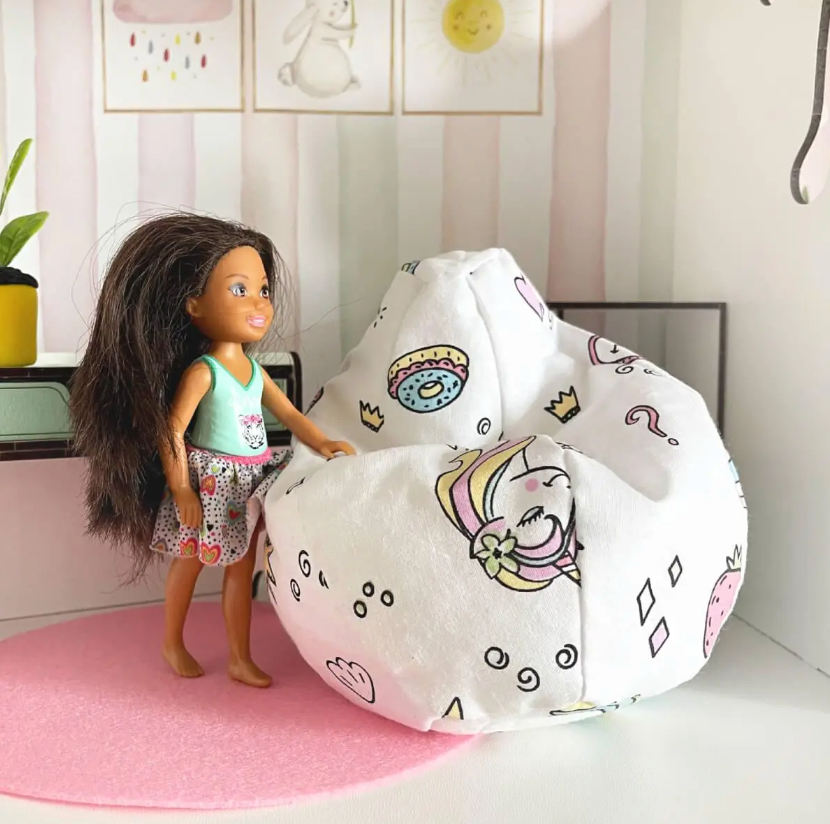 Fabric pouf bean bag chair white Unicorns Nestwood for dolls