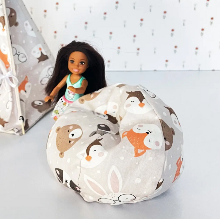 Fabric pouf bean bag chair white Animals Nestwood for dolls