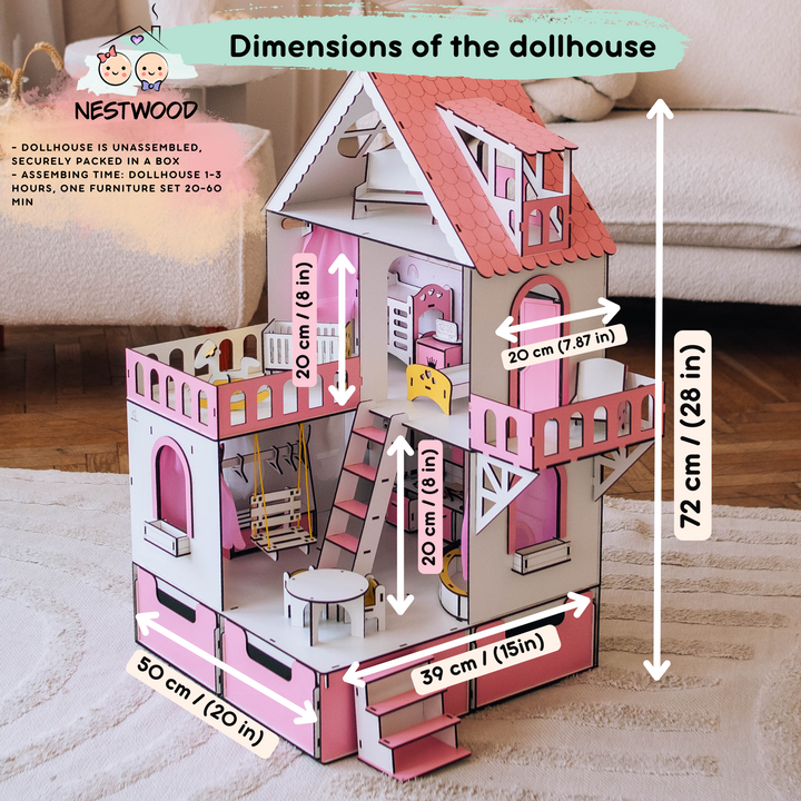 Wooden dollhouse Mini cottage with organizer scale 1:12 NestWood Pink