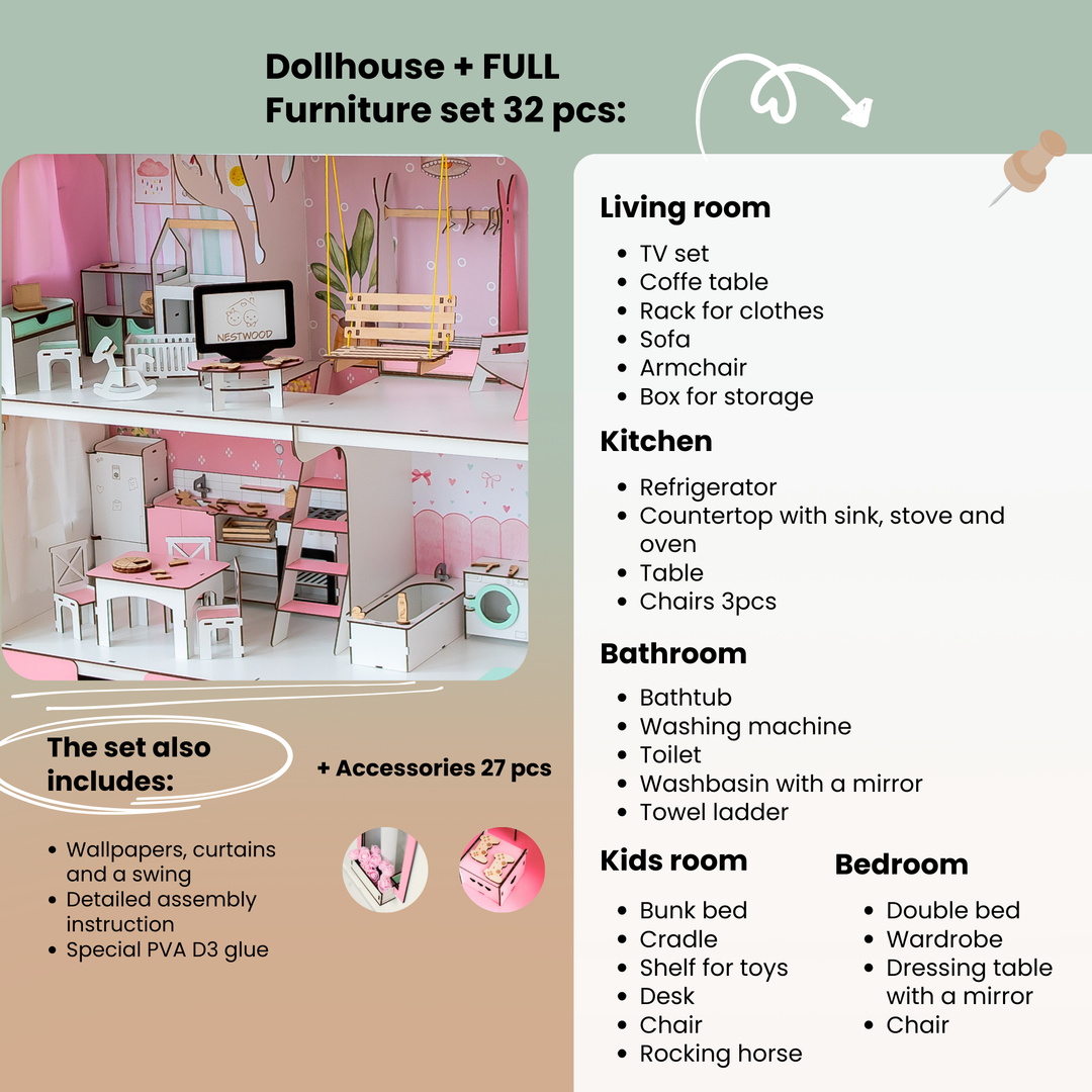 Wooden dollhouse Lux with organizer scale 1:6 NestWood pink