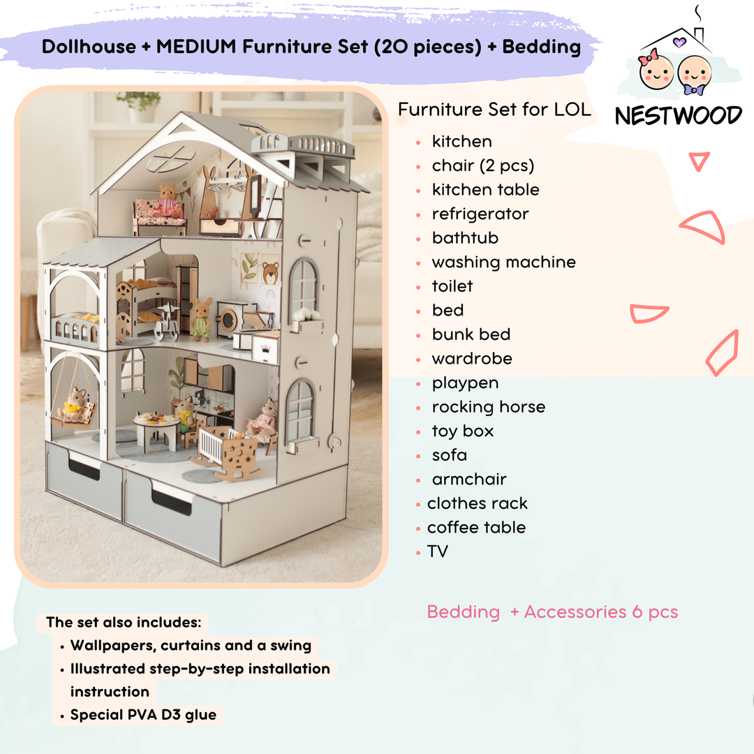 Wooden dollhouse Smart House with organizer and elevator scale 1:12 NestWood Eco