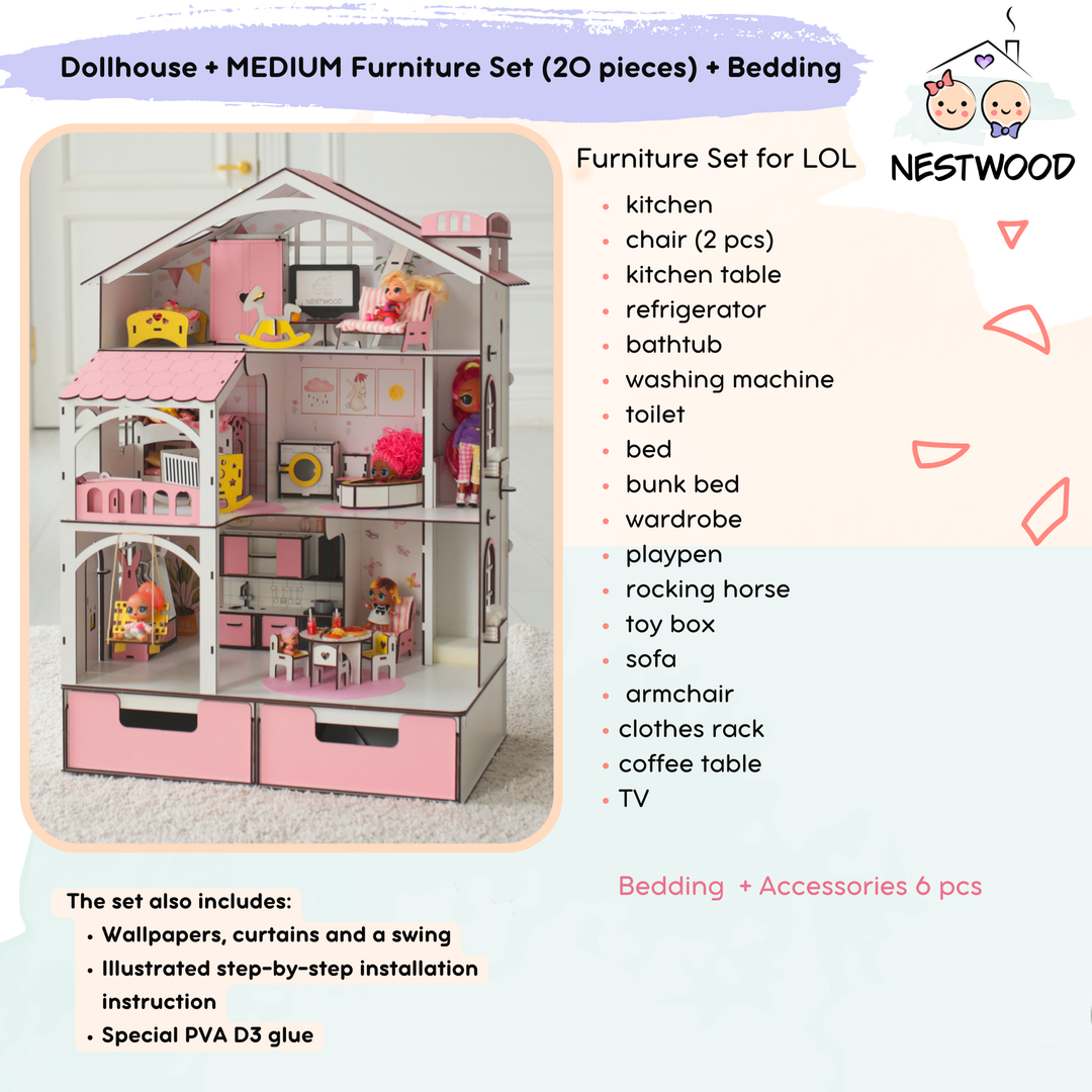 Wooden dollhouse Smart House with organizer and elevator scale 1:12 NestWood Pink