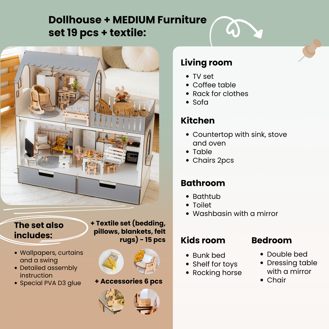 Dollhouse furniture set with living room, kitchen, bathroom, kids' room, and bedroom sections.