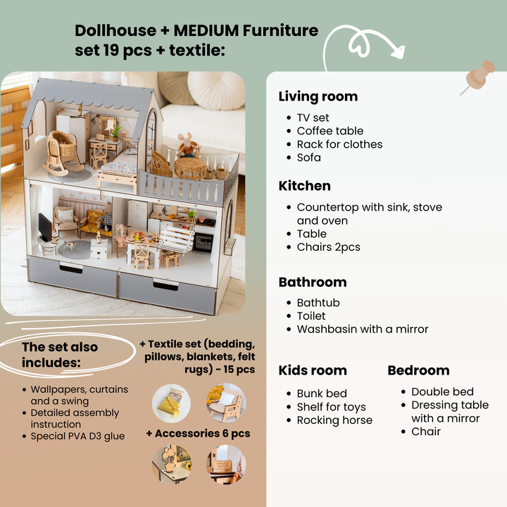 Dollhouse furniture set with living room, kitchen, bathroom, kids' room, and bedroom sections.