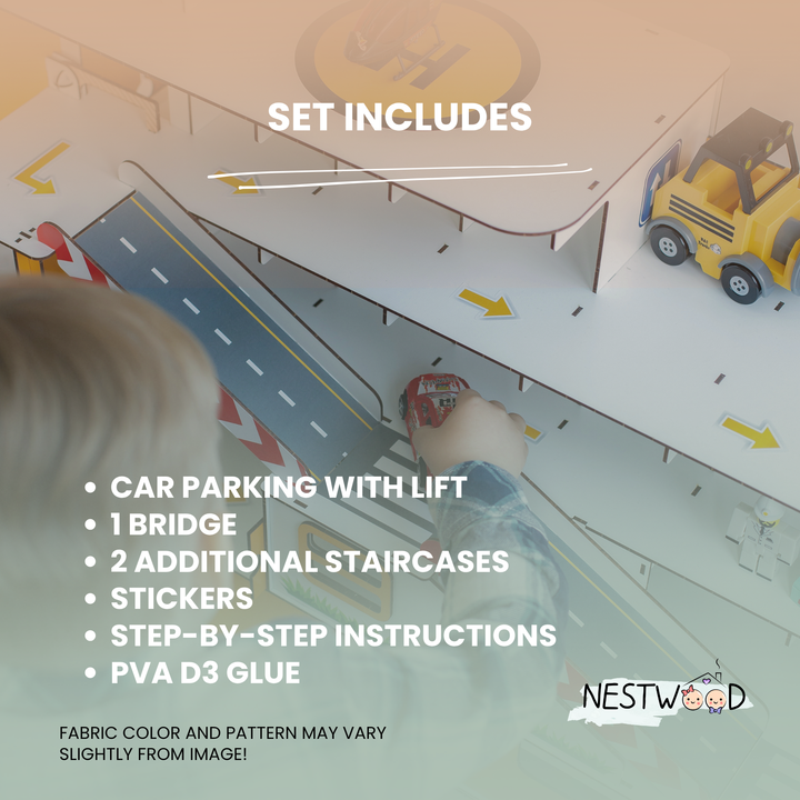 Toy garage parking with elevator and organizer scale 1:6 NestWood Maxi Eco