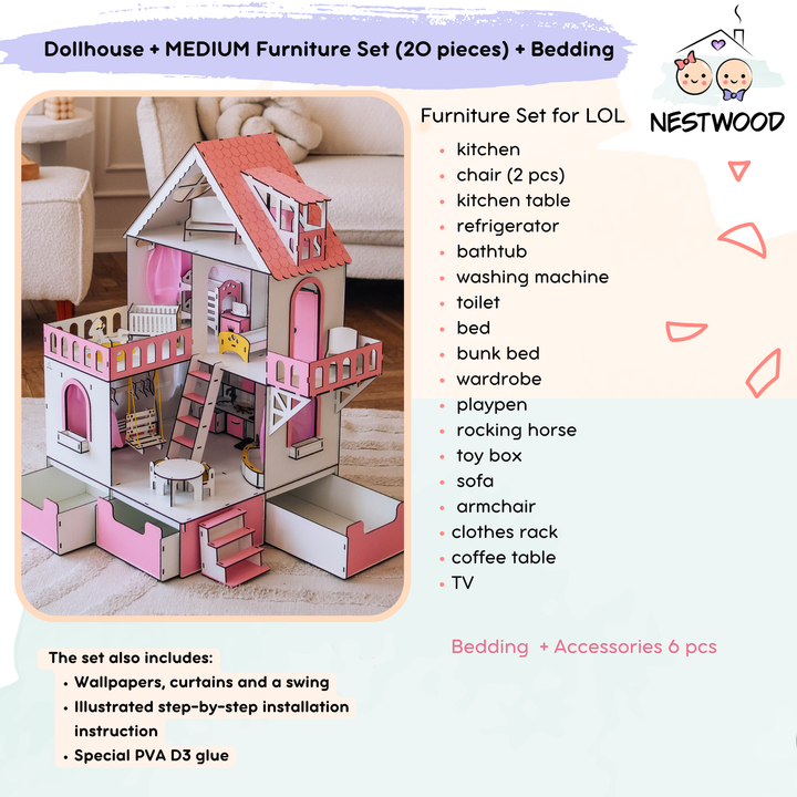 Wooden dollhouse Mini cottage with organizer scale 1:12 NestWood Pink
