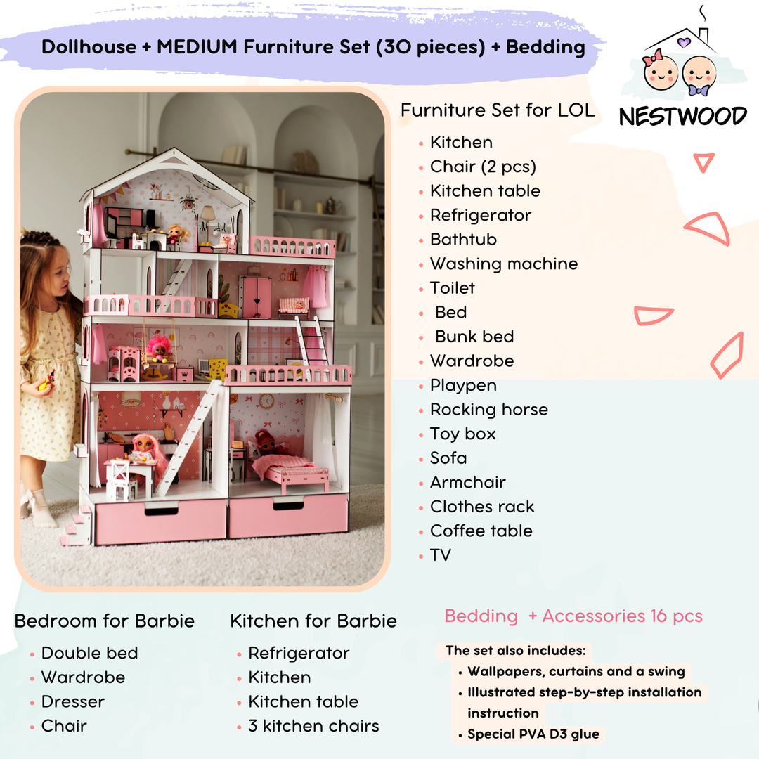 Wooden dollhouse Mansion scale 1:6 NestWood pink