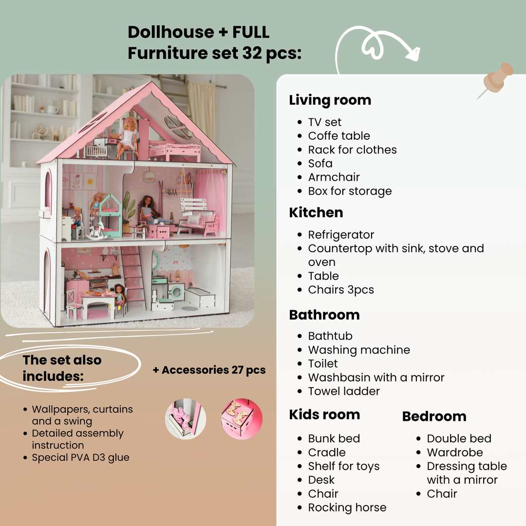 Wooden dollhouse Fantasy scale 1:6 NestWood pink