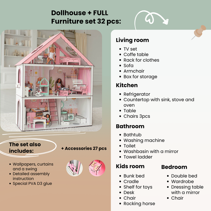 Wooden dollhouse Fantasy scale 1:6 NestWood pink