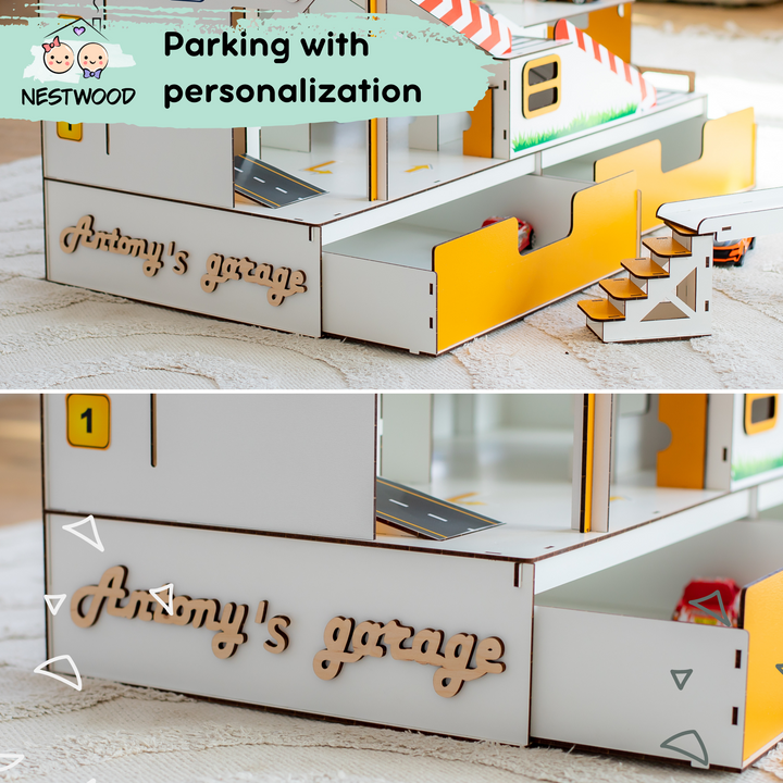 Toy garage parking with elevator and organizer scale 1:6 NestWood Maxi Eco