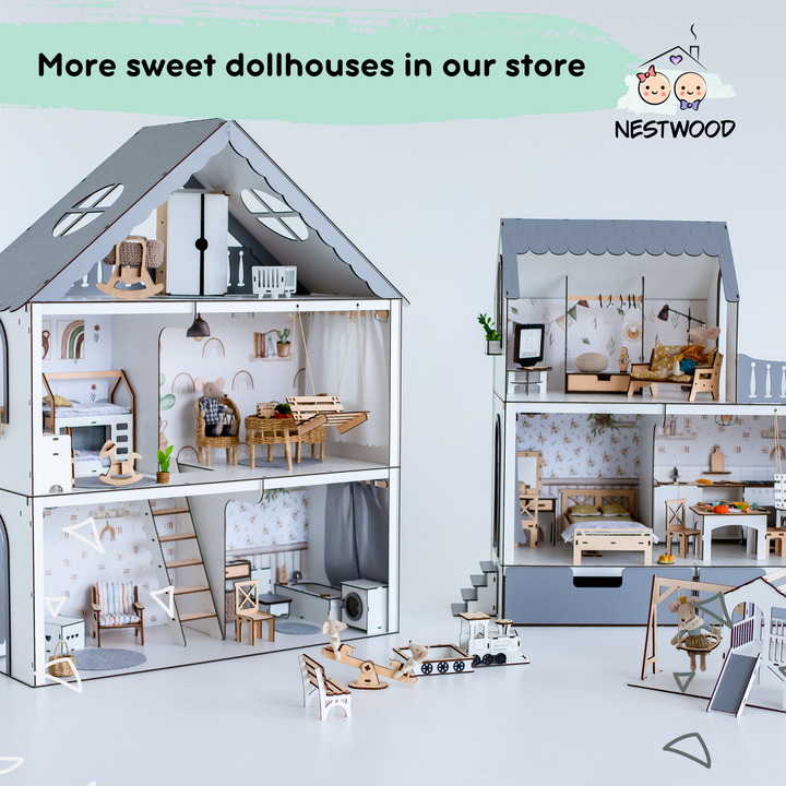 Wooden dollhouse Smart House with organizer and elevator scale 1:12 NestWood Eco