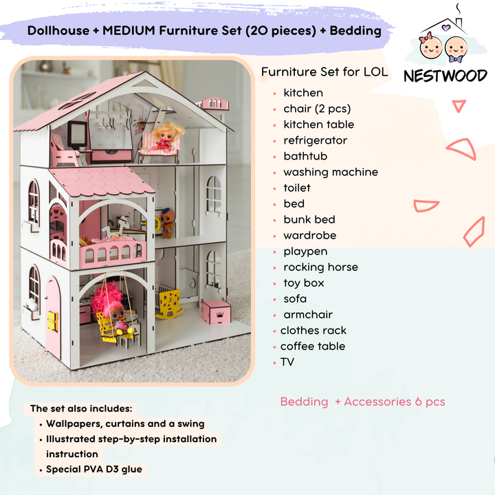 Wooden dollhouse Smart House with elevator scale 1:12 NestWood Pink