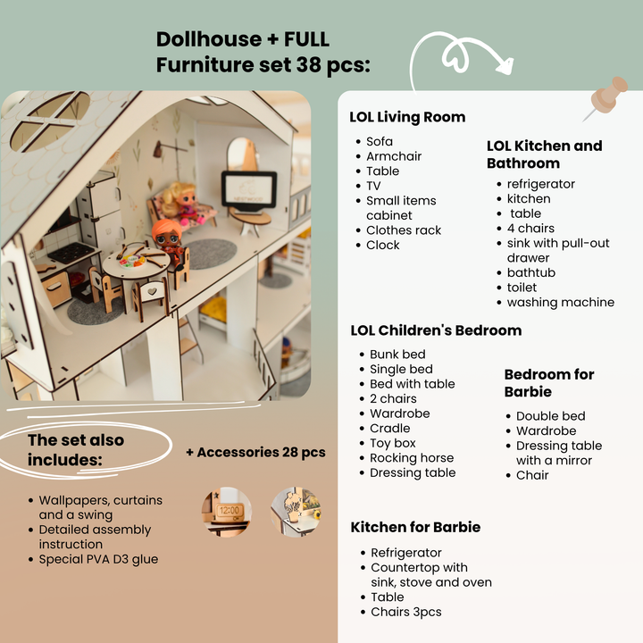 Wooden dollhouse Mansion scale 1:6 NestWood Eco