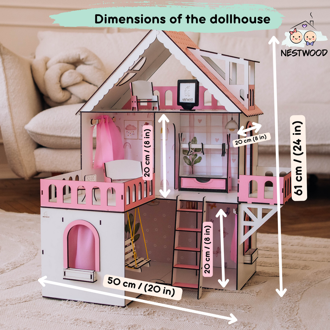 Wooden dollhouse Mini cottage scale 1:12 NestWood Pink