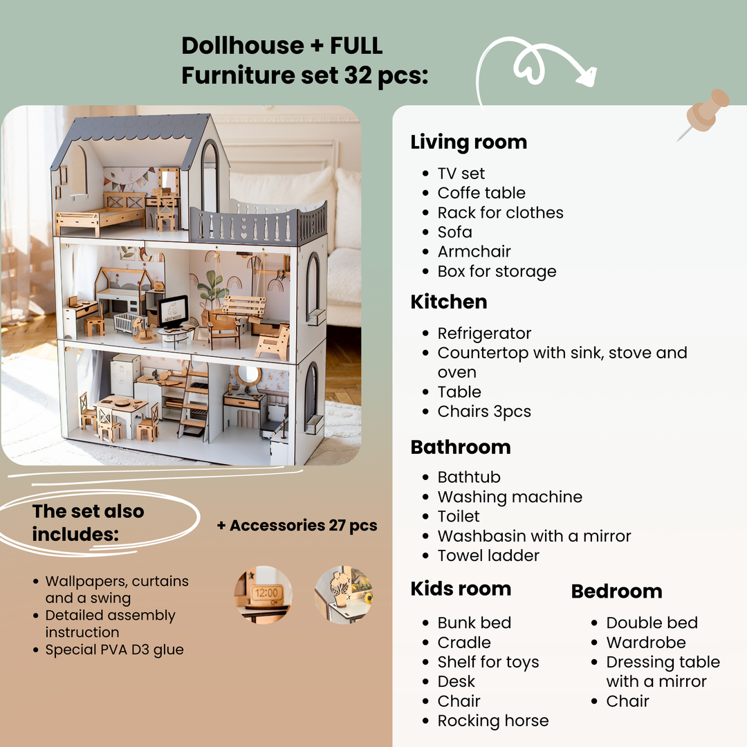 Wooden dollhouse Lux Light scale 1:6 NestWood Eco