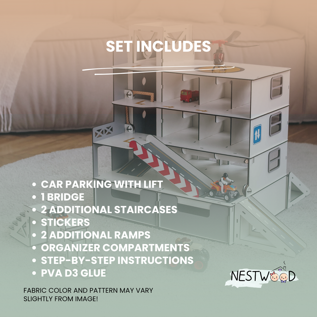 Car garage 9 parking spots with storage boxes and lift grey scale 1:6 NestWood