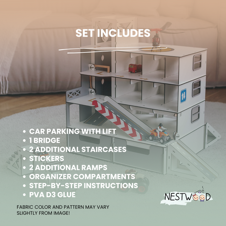 Car garage 9 parking spots with storage boxes and lift grey scale 1:6 NestWood