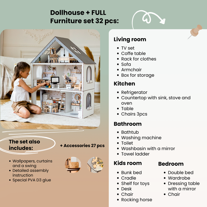 Wooden dollhouse Fantasy scale 1:6 NestWood Eco