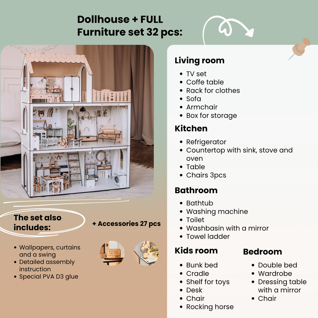 Wooden dollhouse Lux Light scale 1:6 NestWood Scandi