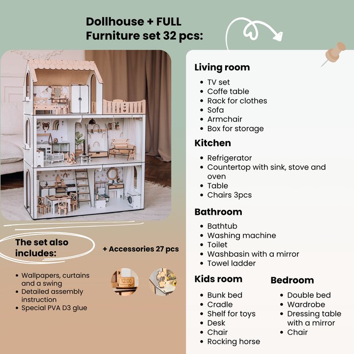 Wooden dollhouse Lux Light scale 1:6 NestWood Scandi