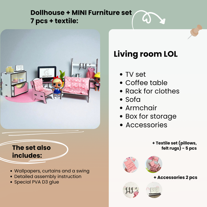 Wooden dollhouse Mansion scale 1:6 NestWood pink