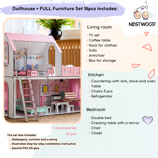 Wooden dollhouse Mriya scale 1:6 NestWood pink