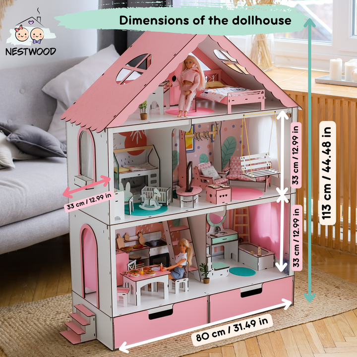 Wooden dollhouse Fantasy with organizer scale 1:6 NestWood pink