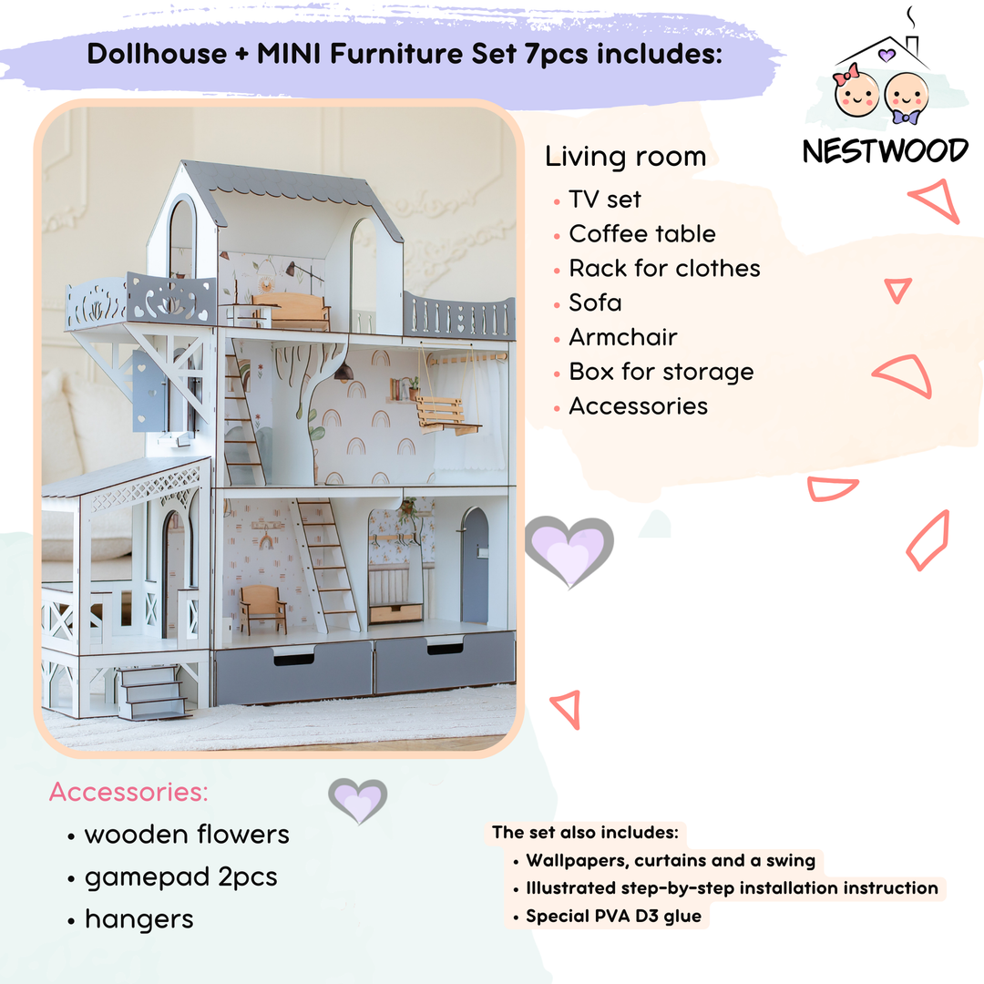 Wooden dollhouse Lux with Lights scale 1:6 NestWood Eco