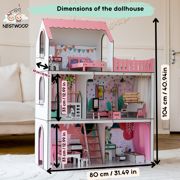 Wooden dollhouse Lux Light scale 1:6 NestWood pink