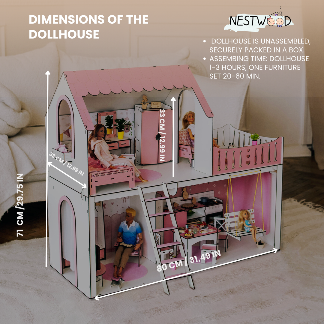 Puppenhaus Dream aus Holz im Maßstab 1:6 NestWood rosa