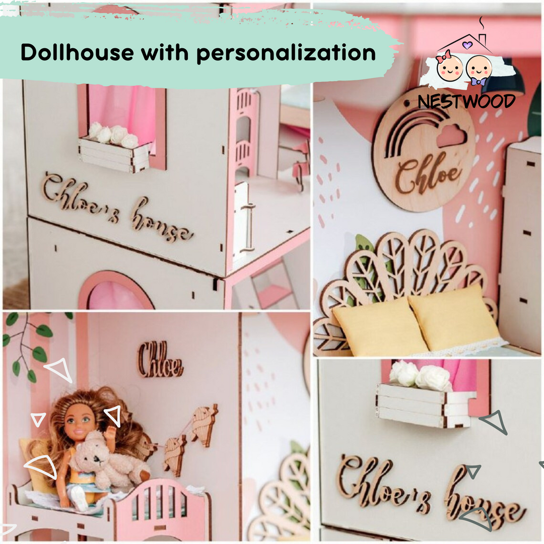 Wooden dollhouse Smart House with elevator scale 1:12 NestWood Pink