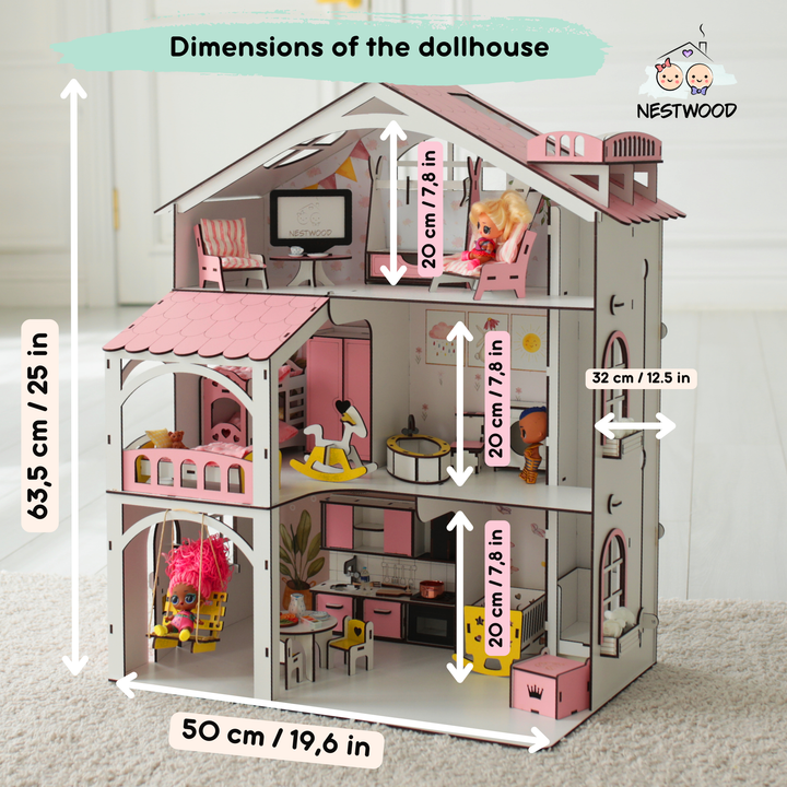 Wooden dollhouse Smart House with elevator scale 1:12 NestWood Pink