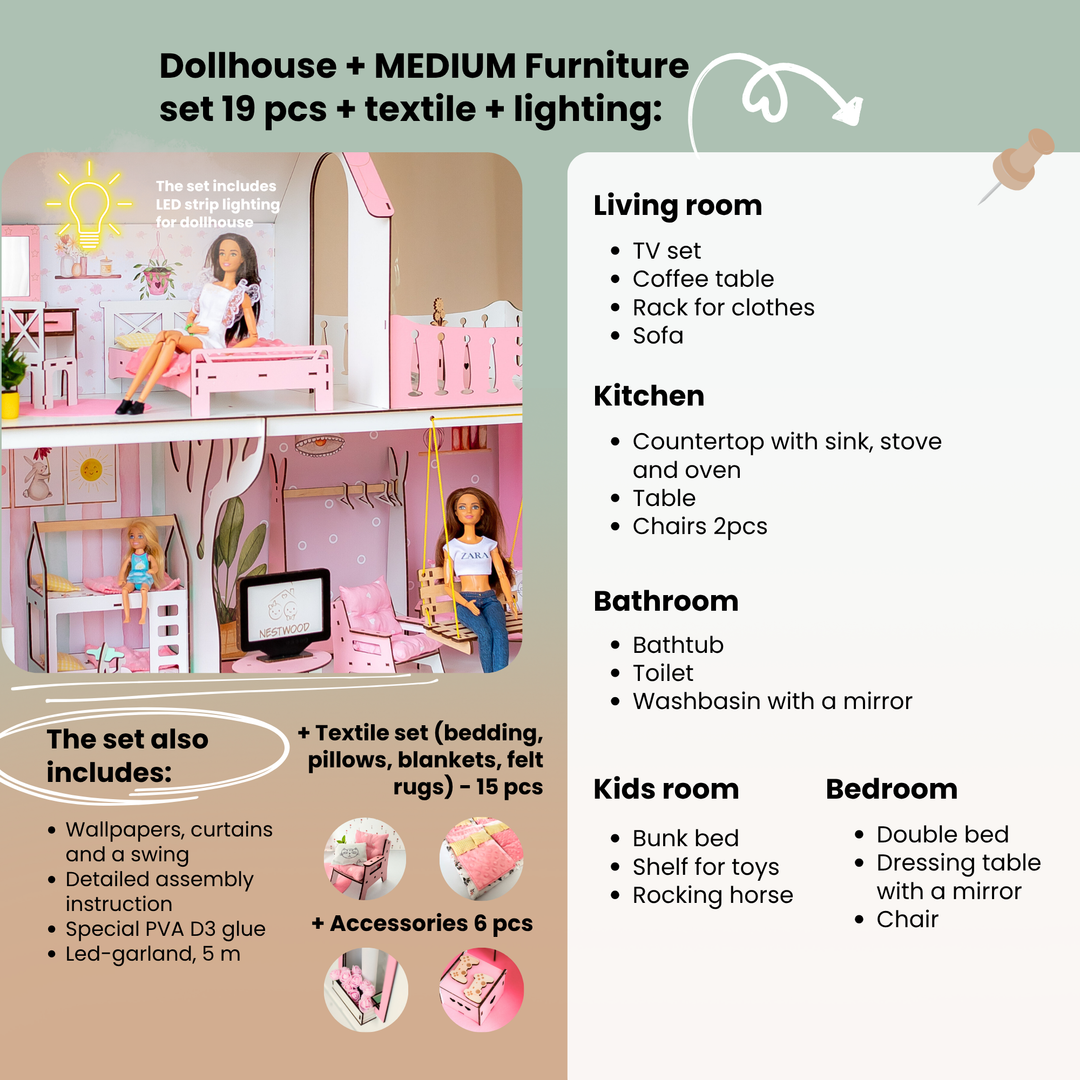 Wooden dollhouse Lux with organizer scale 1:6 NestWood pink