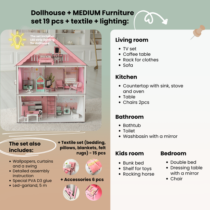Wooden dollhouse Fantasy scale 1:6 NestWood pink