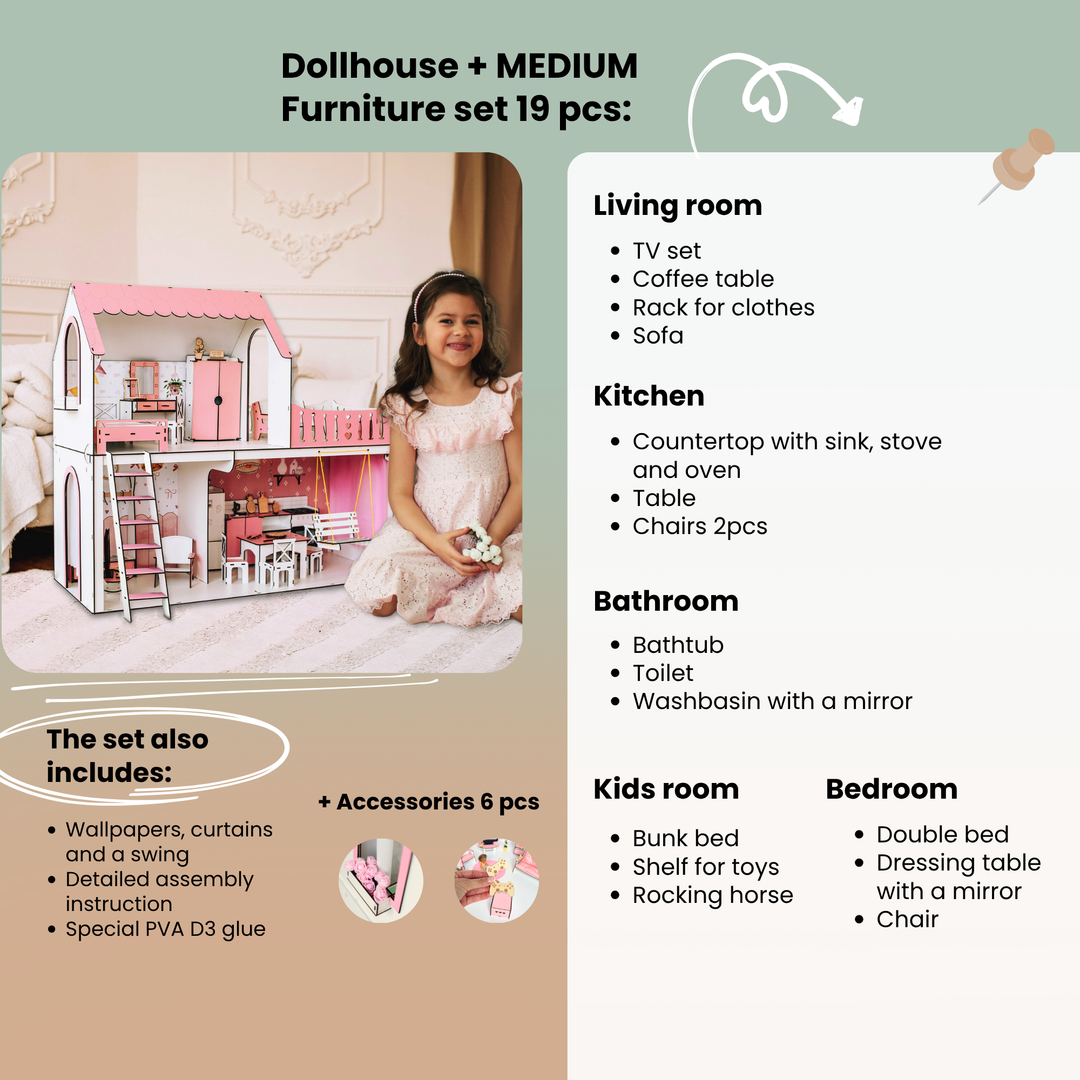 Puppenhaus Dream aus Holz im Maßstab 1:6 NestWood rosa
