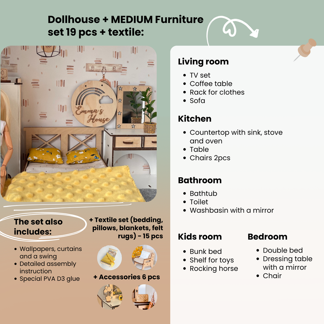 Wooden dollhouse Lux Light scale 1:6 NestWood Eco