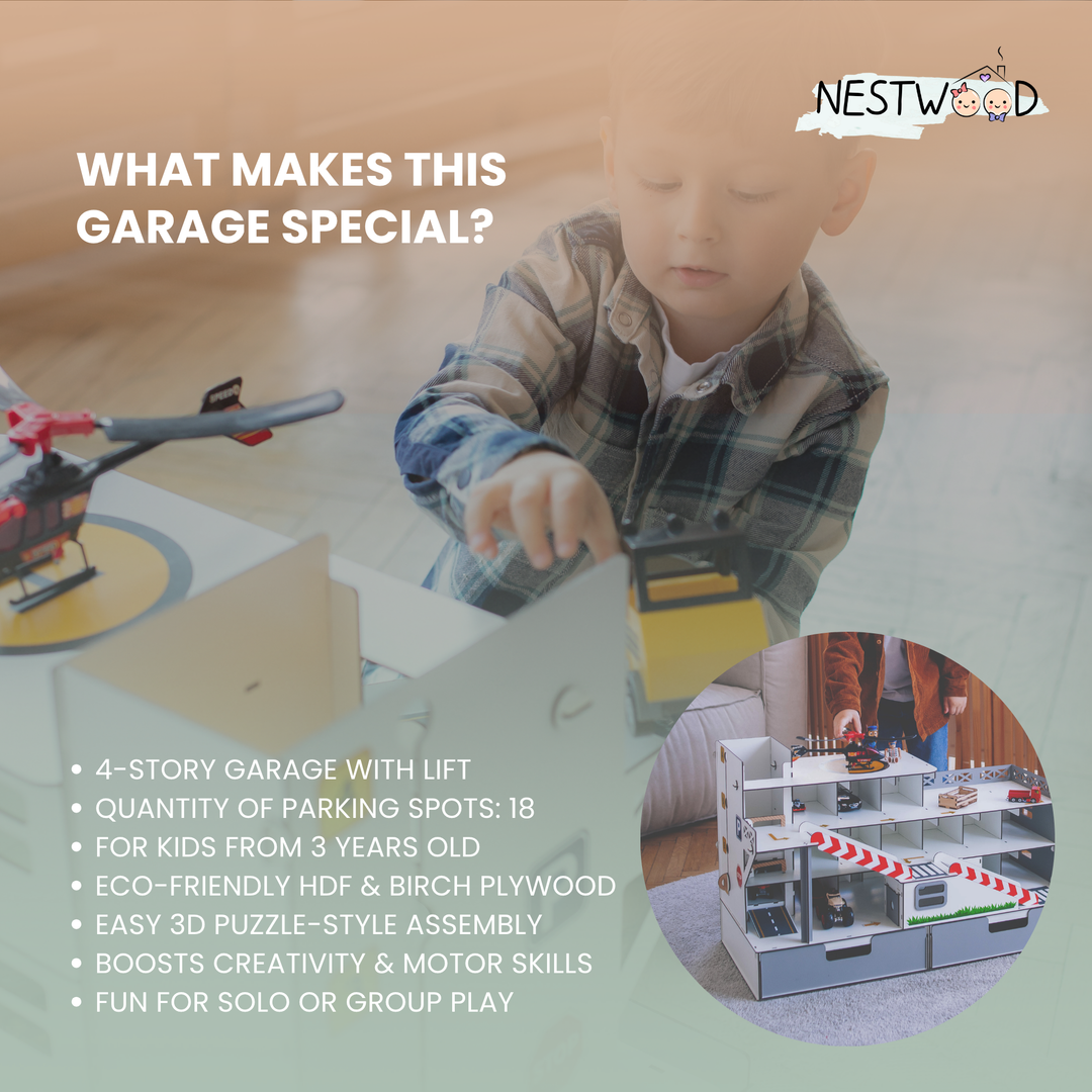 Toy garage parking with elevator and organizer scale 1:6 NestWood Maxi Eco