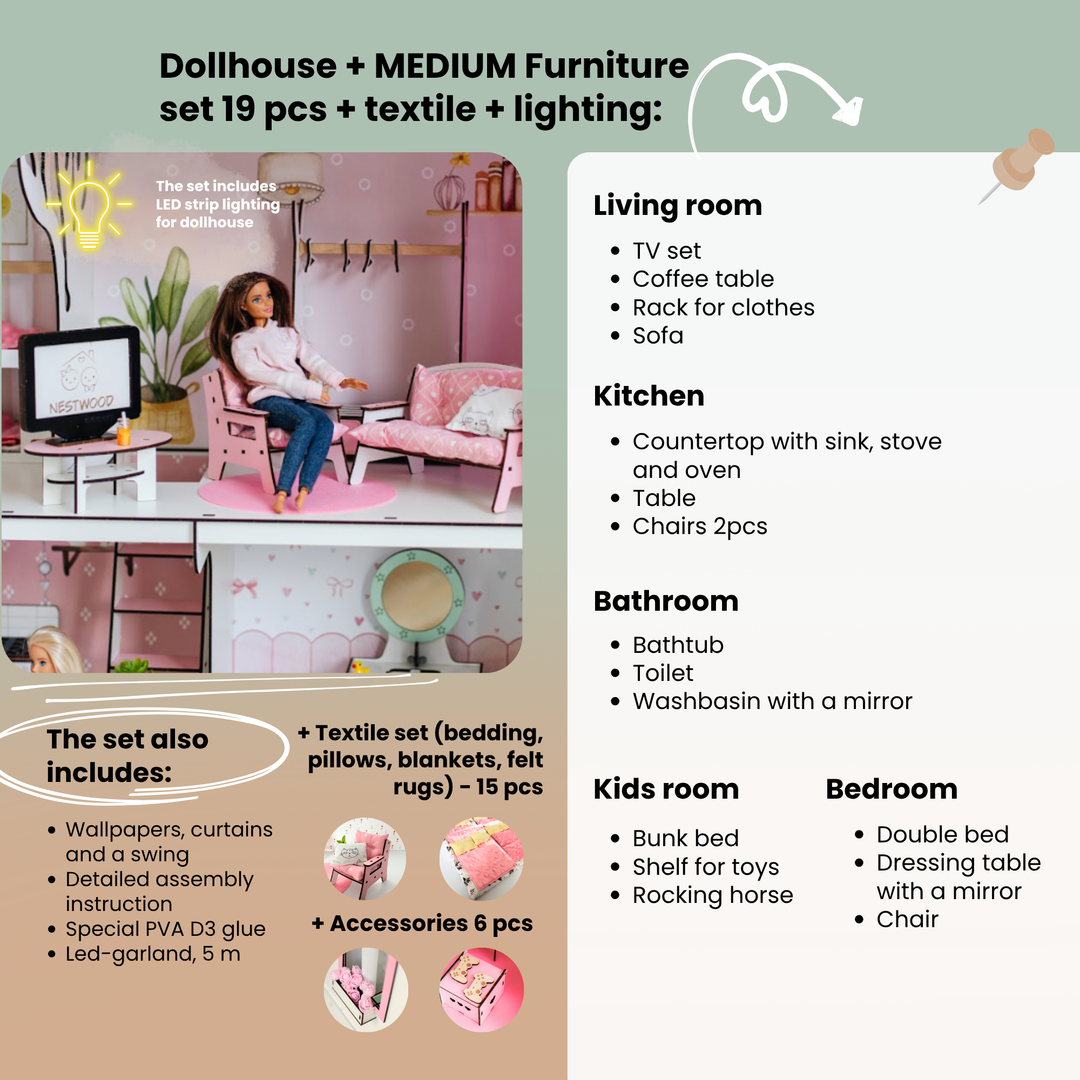 Wooden dollhouse Lux with organizer, balcony and terrace scale 1:6 NestWood pink