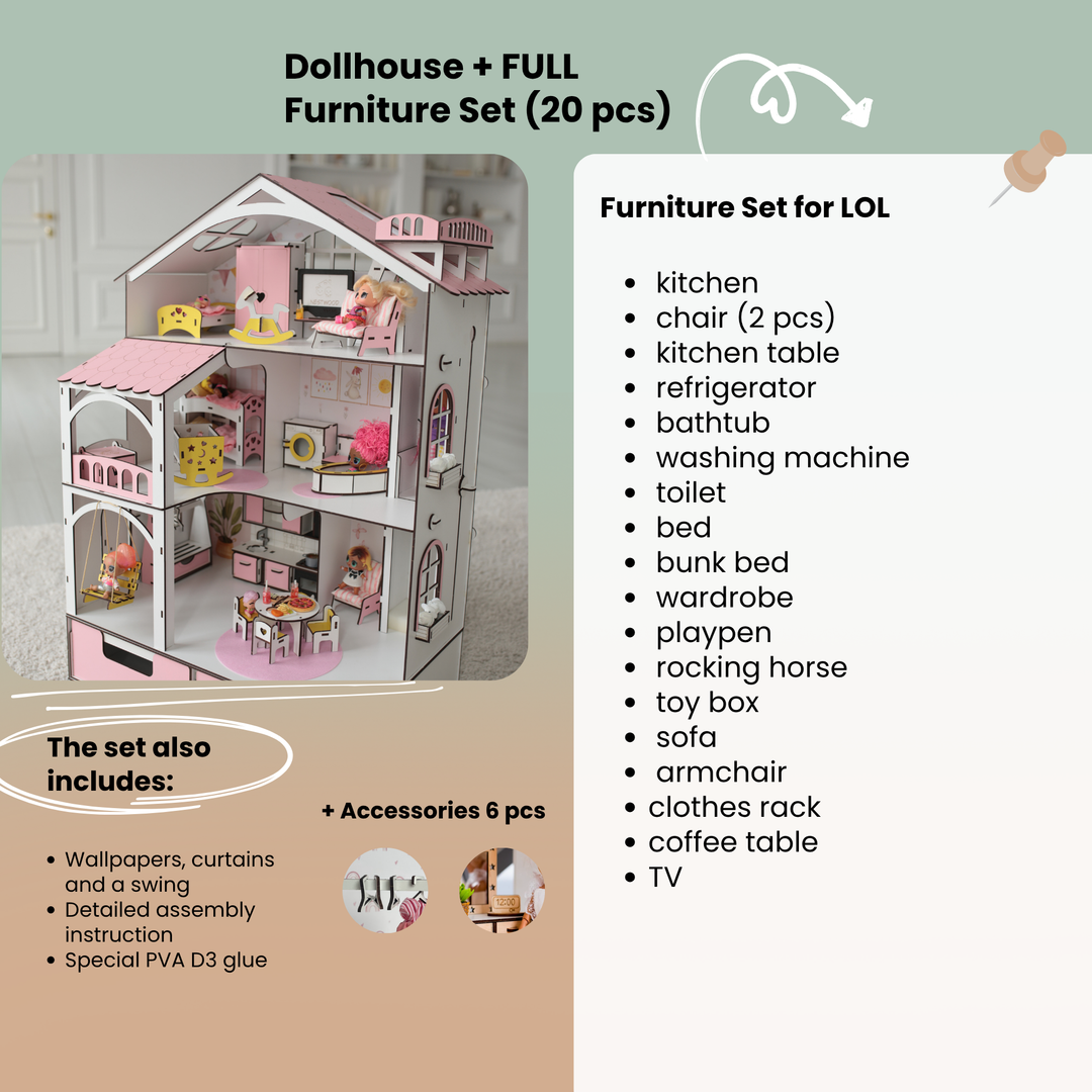 Wooden dollhouse Smart House with organizer and elevator scale 1:12 NestWood Pink