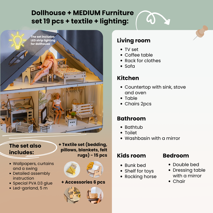 Wooden dollhouse Fantasy with organizer scale 1:6 NestWood Eco