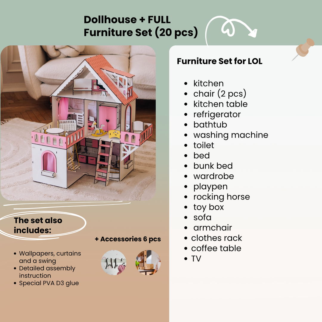 Wooden dollhouse Mini cottage scale 1:12 NestWood Pink